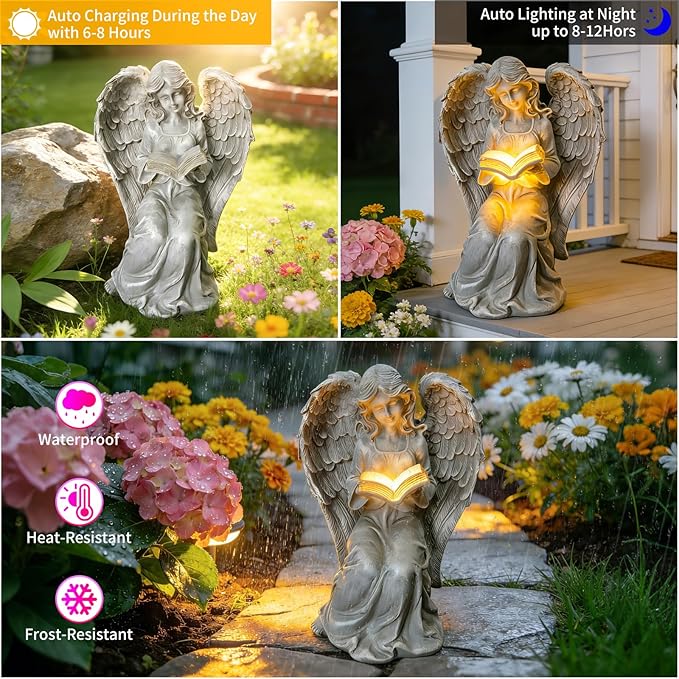 Solar Garden Outdoor Angel Statues with Book, Book Lovers Gifts for Balcony Patio Lawn Table Yard Ornaments, Solar Resin Fairy Waterproof LED Lights, Birthday Gifts for Women Mom Grandma