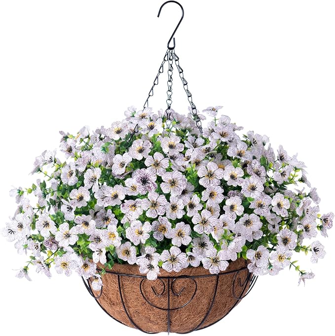 HyeFlora Artificial Fake Hanging White Plants Flowers Basket for Outdoor Fall Winter, Faux Silk Daisy in Planter Realistic UV Resistant for Christmas Outside Porch Home Patio Balcony Yard Decoration by HyeFloraartificialflowers