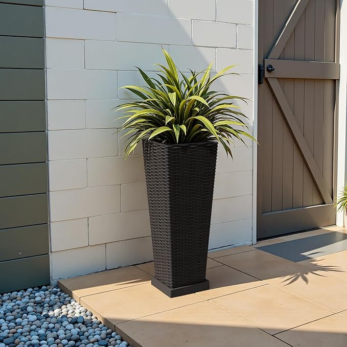 JUMMICO Set of 2 Resin Rattan Tall Planters for Outdoor Plants, Large Tapered Planters with Drainage Holes, Inner Trays and Outer Saucers, Flower Pots for Garden, Patio, Porch, Backyard (Black, 24")