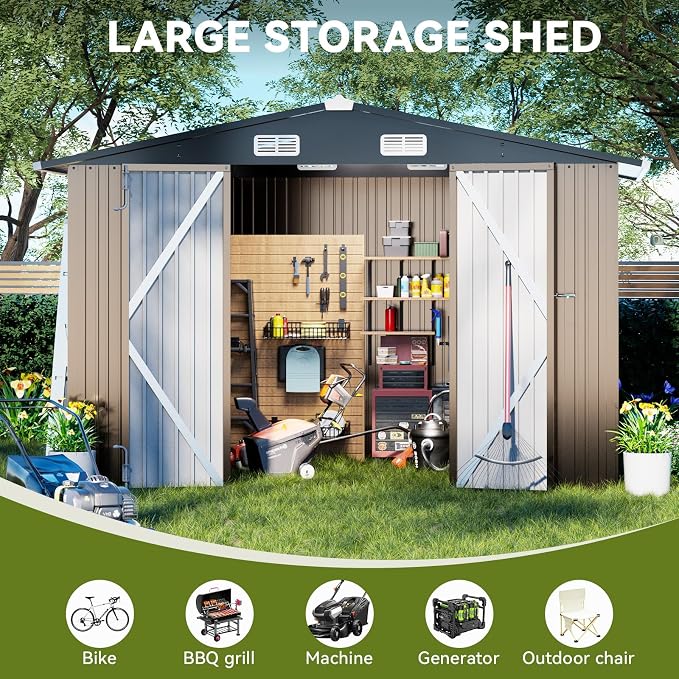 COMHOMA Shed Outdoor Storage Shed Metal,Lockable Doors Tool Sheds with Sloping Roof,Steel Garden Shed with Air Vent for Backyard,Patio,Lawn,Poolside (Brown, 10'x12') - Image 5
