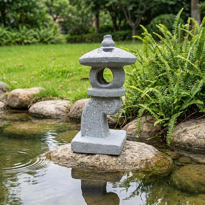 14’’ High Asian Solar-Powered Zen Pagoda Garden Statue LED Light Solar Lamp for Outdoor Japanese Decoration Aesthetic Garden Figurines