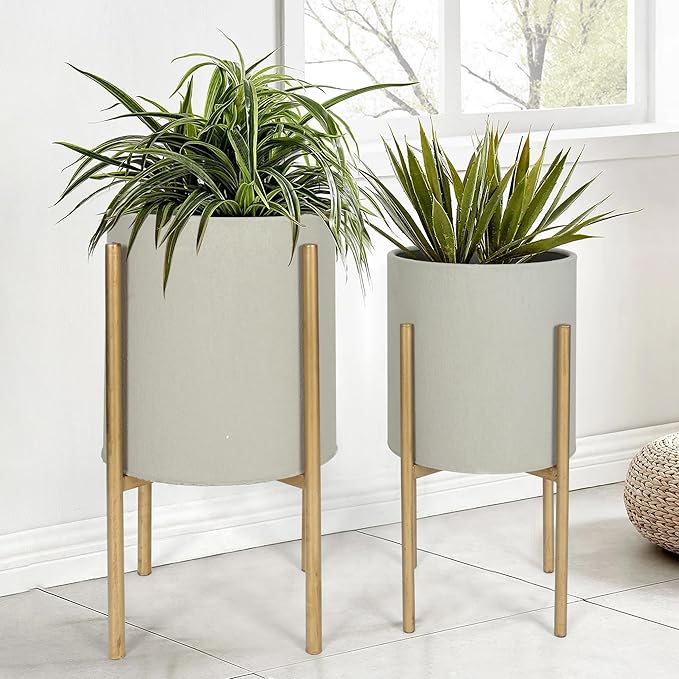 Oakrain Plants Pots with Stand, Set of 2 Planters for Indoor Plants, Modern Decorative Metal Flower Pots for Living Room, Garden, Balcony, 10"&12", Cement Gray Frosted