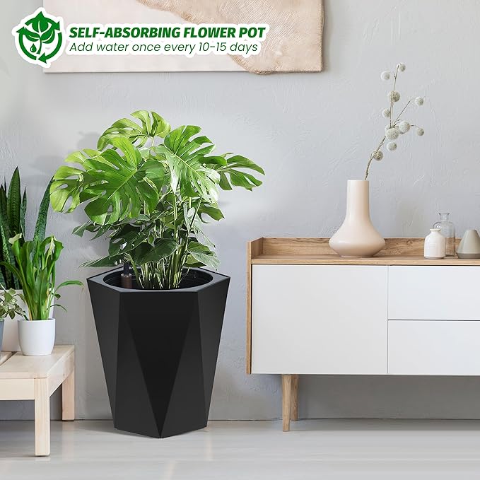 GarveeLife 16 Inch Tall Planters Set of 2, Outdoor Planters Self Watering Plant Pots with Water Level Monitor, Multiple Drainage Holes, Flower Pots for Patio, Porch, Living Room, or Home Office, Black
