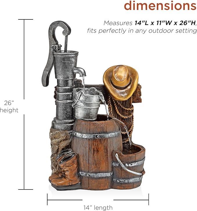 Alpine Corporation Outdoor Vintage Pump and Barrel with Cowboy Hat Fountain Yard Art Decor, 26" Tall, Brown