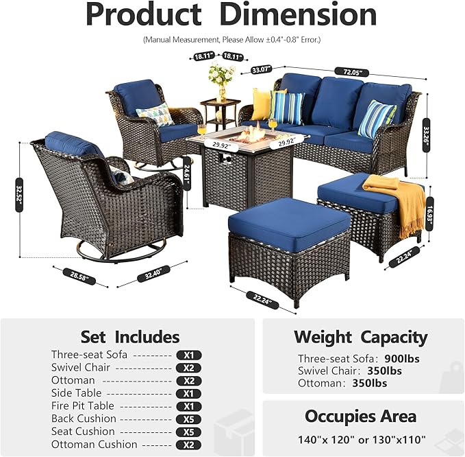 HOOOWOOO Patio Furniture Set,7 Piece Outdoor Furniture Set with Fire Pit Table,Wicker Patio Conversation Couch Swivel Chairs Ottoman Set,Navy Blue