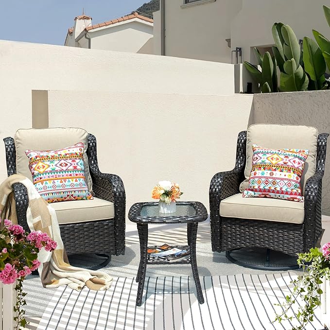 HOOOWOOO Patio Furniture Set,3 Piece Outdoor Furniture with Swivel Chairs,Wicker Patio Bistro Chairs Set,Beige