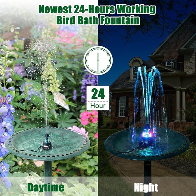 SZMP Bird Bath Fountains, Upgraded 24-Hours Working Bird Bath Fountain Pump with Light & 7 Nozzle, 16.4Ft Power Cord & Adapter, Adjustable Water Pump for Garden, Fish Tank, Outdoor (Colorful)