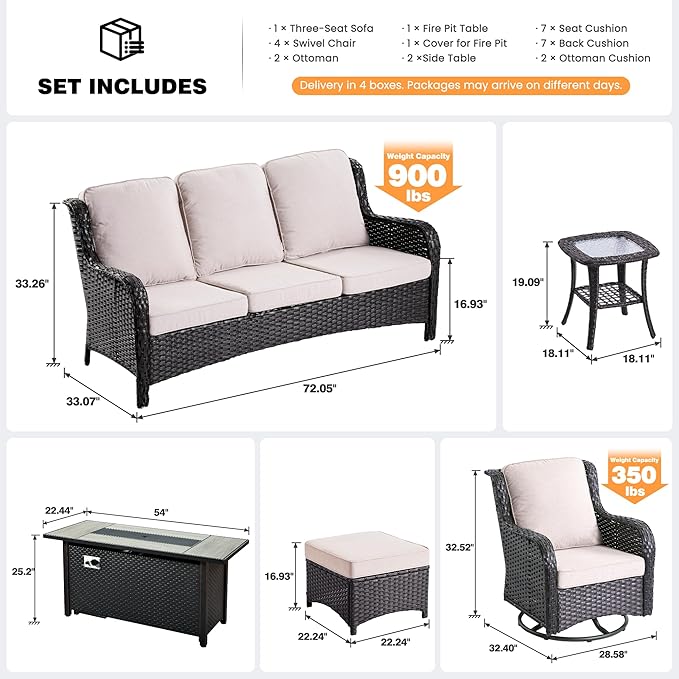 ovios 10-Piece Patio Furniture Set with Swivel Chairs Coffee Table, Outdoor Wicker Sofa with 54" Fire Pit Table, High Back Couch Modern Conversation Sets, Brown/Beige