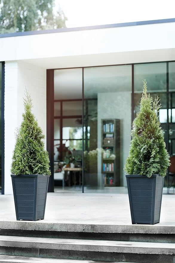Keter Set of 2 Modern 22‑Inch Tall Outdoor Flower Pots – Large Resin Tapered Planters for Outdoor Plants, Front Porch & Patio Decor, Wood‑Look Design, Graphite