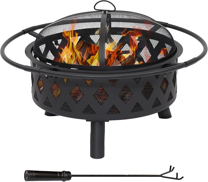 Sunnydaze Crossweave Outdoor Fire Pit - Wood-Burning Fire Pit for Outside with Spark Screen, Poker and Round Cover - 30-Inch - Black by SunnydazeDecor