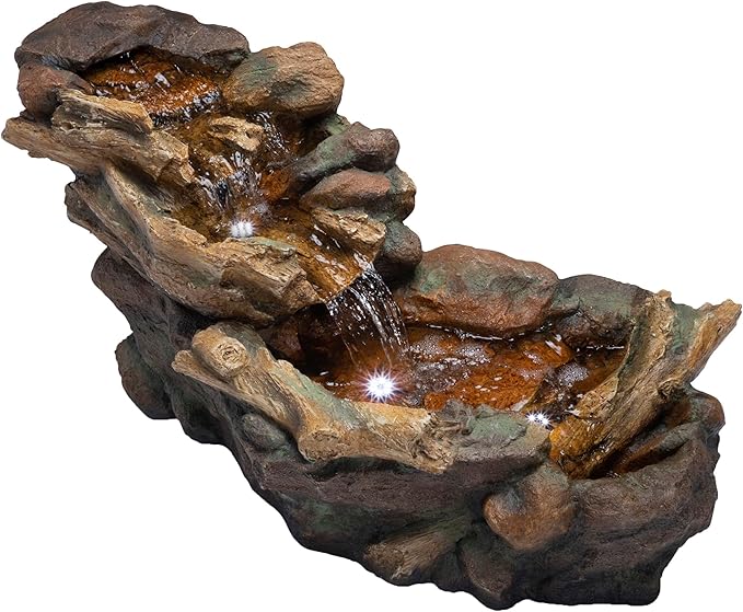 Alpine Corporation TZL288 Indoor/Outdoor Cascading Stone River Waterfalls Floor Fountain with LED Lights, 40 inches Long, Brown