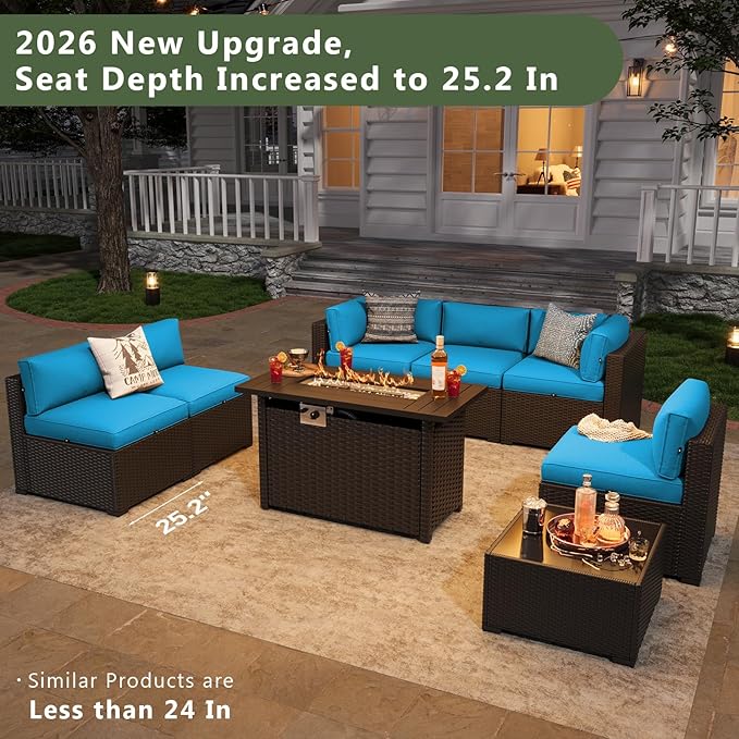 Aoxun 8 Piece Patio Furniture Set with 44” Fire Pit Table, Wicker Rattan Patio Sectional Sofa, Outdoor Furniture Set with Thickened Cushion, Light Gray
