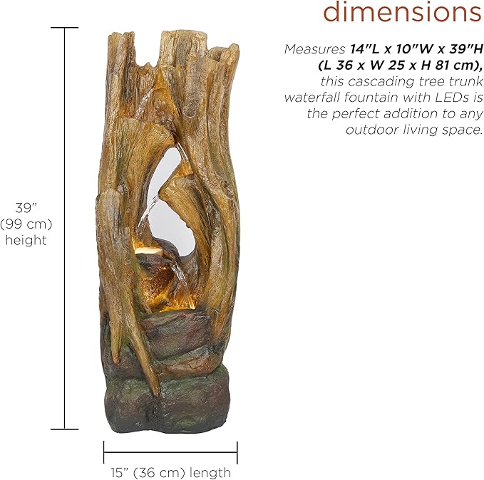 Alpine Corporation 39" Tall Cascading Tree Trunks Waterfall Fountain with LED Lights, Outdoor Floor Water Feature with Rustic Natural Wood Look, Garden, Patio, Lawn & Backyard Decor, Brown