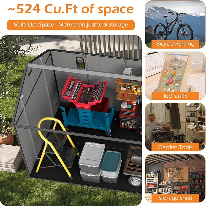 Domi 8x10Ft Resin Outdoor Storage Shed with Floor, Plastic Garden Storage Shed, Outside Weatherproof Storage Building for Tools, Bike, Lawn Mower, Patio, Backyard - Image 8