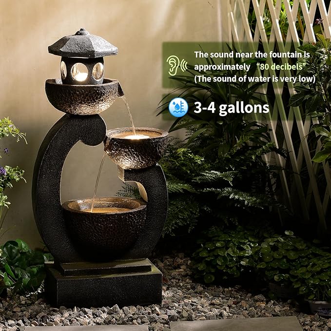 Outdoor Water Fountain with LED Lights, 3-Tier Zen Garden Fountain for Patio, Yard & Porch Decor – Durable Resin Waterfall Feature with Modern Japanese-Style Design, 35” Tall
