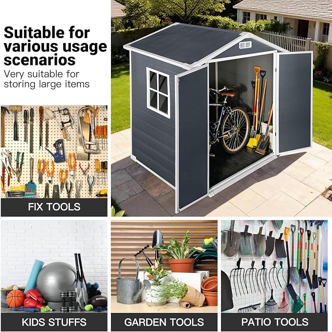 YOPTO 6x4 FT Storage Shed,Plastic Outdoor Storage Shed with Floor and Lockable Door,Waterproof Garden Shed W/Windows & Vents,Sloped Roof,Tool House for Storing Bicycles,Lawnmowers,Cold Grey - Image 5