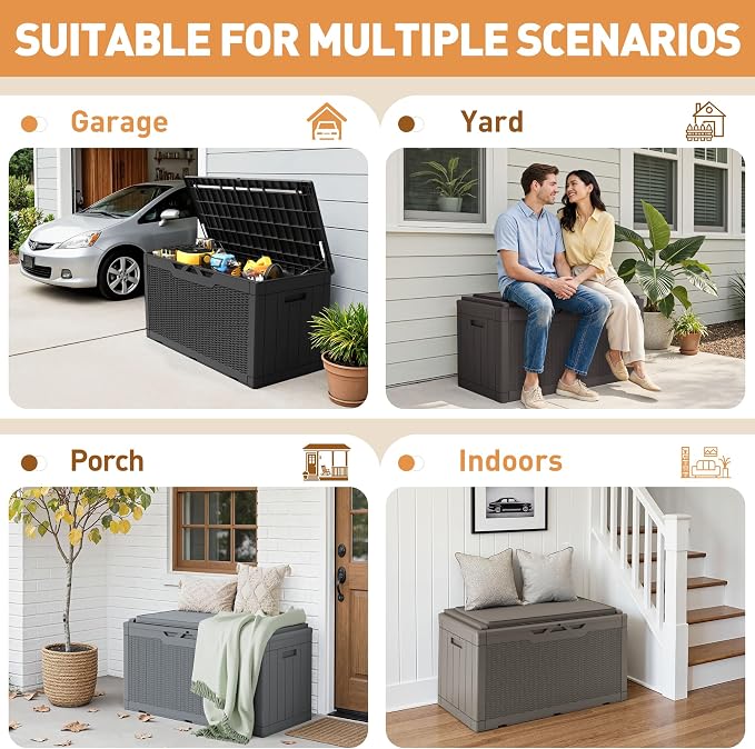 Greesum 100 Gallon Resin Deck Box Large Outdoor Storage Boxes with Cushions for Garden Tools, Patio Furniture Pillows, Pool Supplies, Gray - Image 5