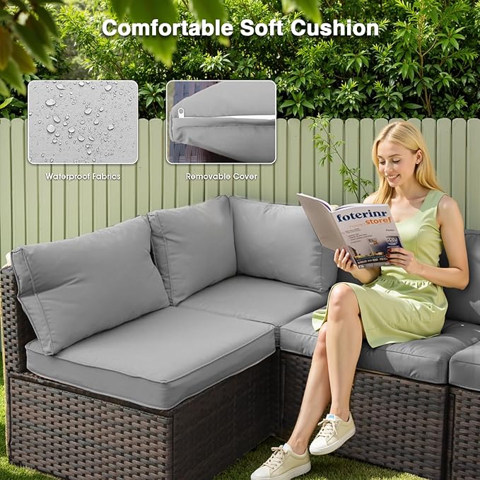 13 Piece Patio Furniture Set with Fire Pit Table All Weather PE Rattan Outdoor Sectional Sofa Couch with No-Slip Cushions for Garden, Poolside, Backyard (Grey)