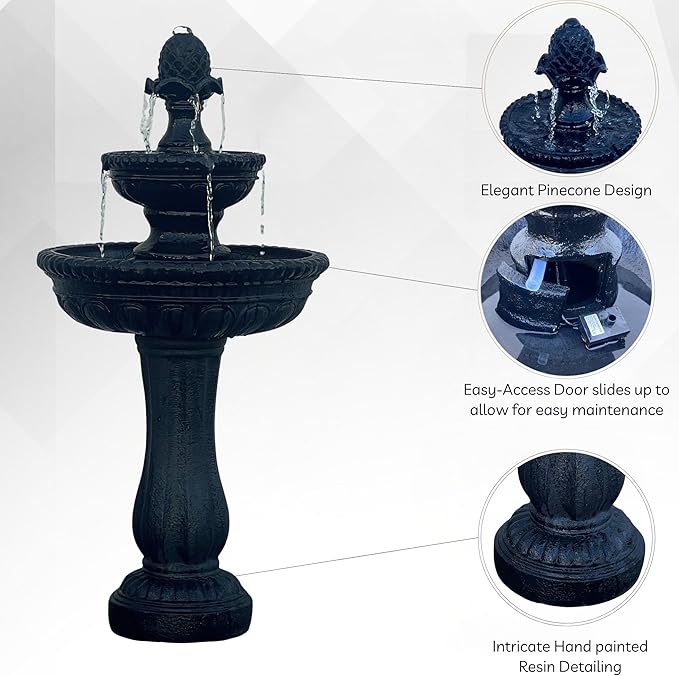 XBrand 39" 2-Tier Outdoor Freestanding Solar Water Fountain - Classic Design, Black Resin Bird Bath with Pump - Ideal for Yard, Lawn and Garden, Porch Décor
