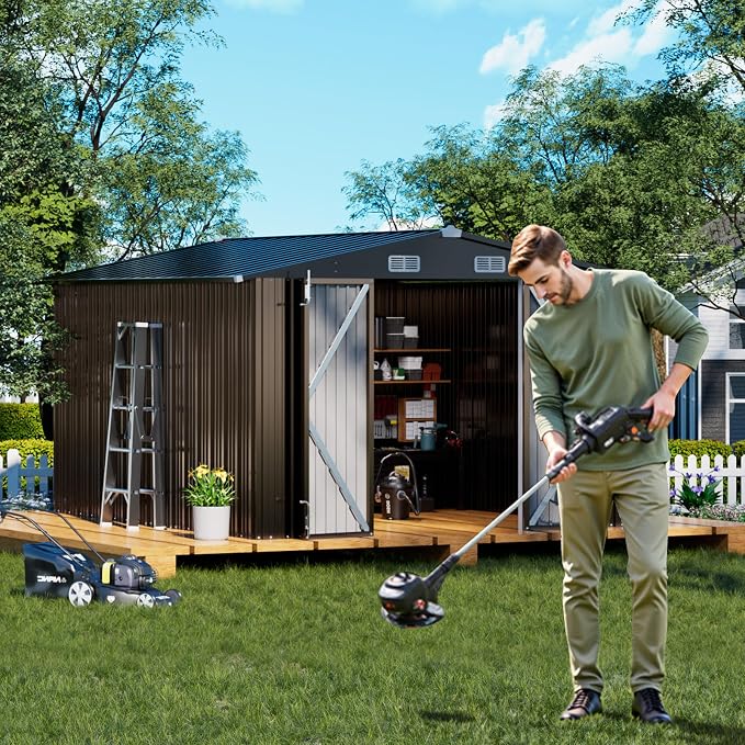 COMHOMA Shed Outdoor Storage Shed Metal,Lockable Doors Tool Sheds with Sloping Roof,Steel Garden Shed with Air Vent for Backyard,Patio,Lawn,Poolside (Brown, 10'x12') - Image 9