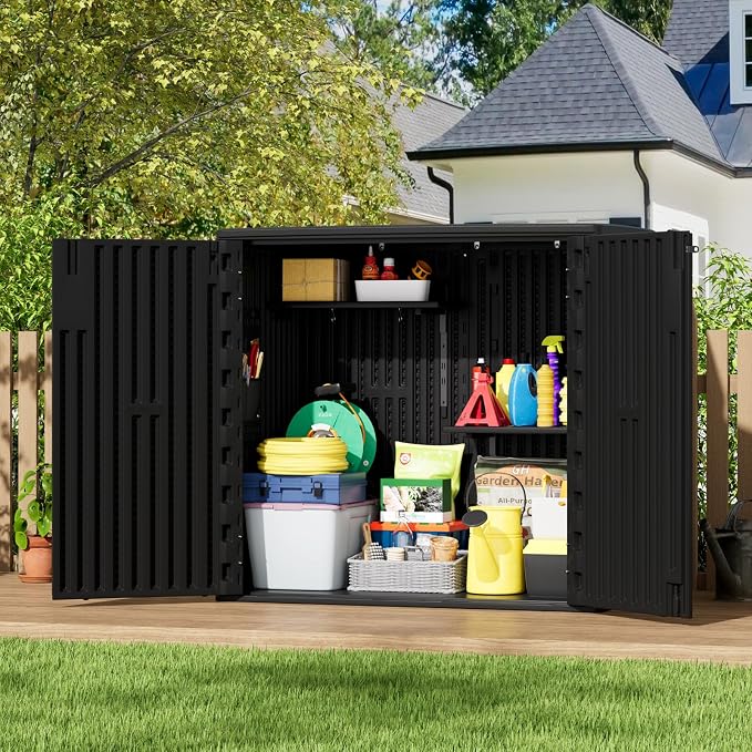 ZZM 37 Cu.ft Outdoor Storage Shed Double-Wall HDPE Storage Cabinet, Waterproof Plastic Sheds with Floor Horizontal Lockable Garden Tools Trash Can, Lawn Mower, Bike Storage, Black - Image 2