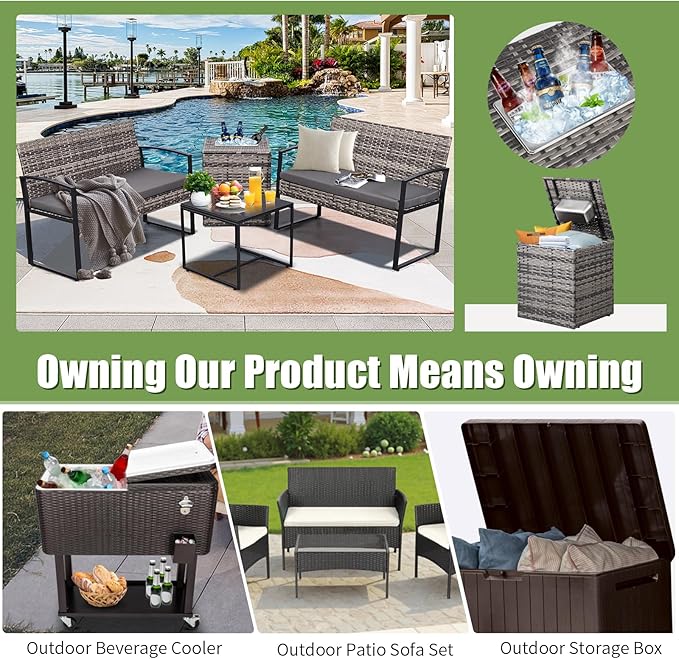 FHFO 4 Piece Outdoor Patio Furniture Set with Built-in Beverage Cooler Storage Box, Wicker Conversation Sets Patio Outdoor Loveseats & Coffee Table for Outside, Garden, Balcony, Porch, Grey/Grey