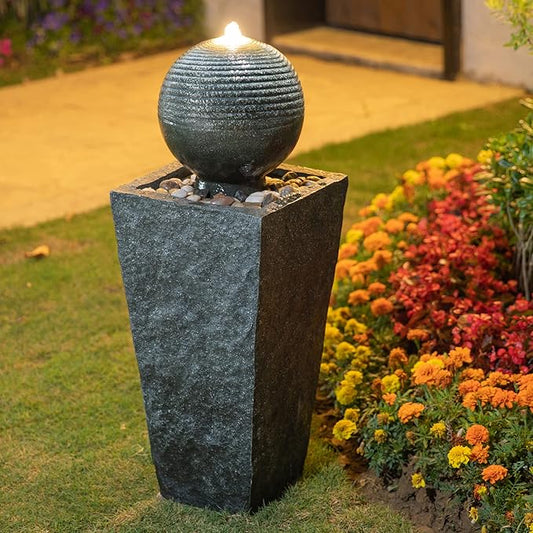 Glitzhome Water Fountain Outdoor with LED Light, Sphere Pedestal Outdoor Fountain, Modern Ball Waterfall Fountains Water Feature for Garden Patio Deck Porch, 31.7”H