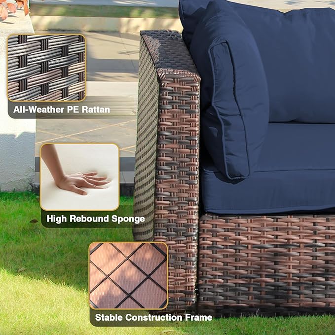15 Piece Patio Furniture Set with Fire Pit Table All Weather PE Rattan Outdoor Sectional Sofa Couch with No-Slip Cushions and Glass Top Tables for Garden, Poolside, Backyard (Blue)