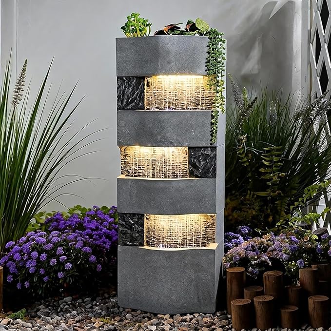 40.5" H Modern Outdoor Water Fountain with LED Lights – Tall Garden Waterfall Fountain for Patio, Yard, Landscape or Indoor Decor, 4 Tiers Floor Standing Waterfall Outdoor Fountains