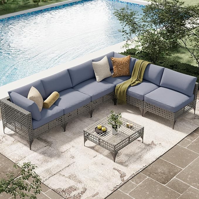 U-MAX 7-Piece Patio Furniture Set with Tea Table, Boho Outdoor Furniture Set Sectional Sofa Wicker Conversation Set, Grey Rattan&Blue
