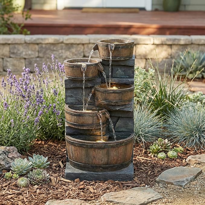 25.59" H Outdoor Water Fountain with LED Lights, 4-Tier Cascading Waterfall Fountain, Rustic Wood Barrel Resin Outdoor Water Fountain for Garden Patio Backyard Porch Indoor Decor