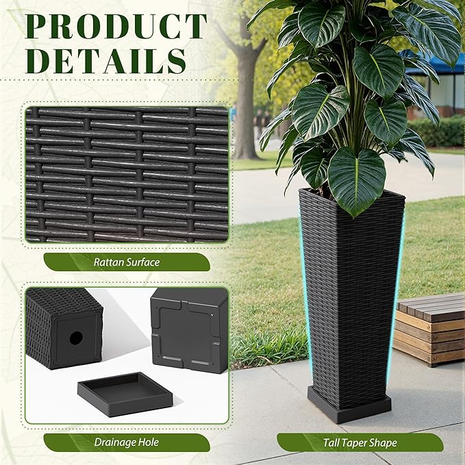 JUMMICO Set of 2 Resin Rattan Tall Planters for Outdoor Plants, Large Tapered Planters with Drainage Holes, Inner Trays and Outer Saucers, Flower Pots for Garden, Patio, Porch, Backyard (Black, 24")