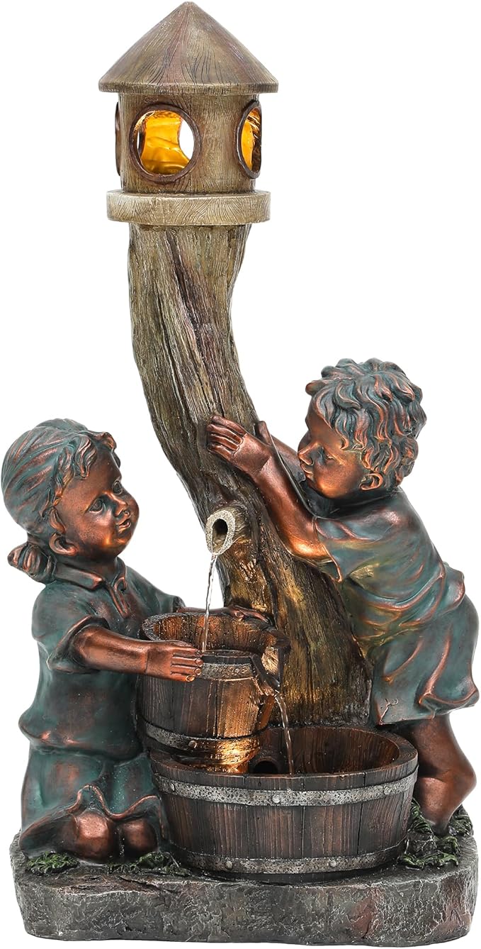 31" Boy & Girl Outdoor Water Fountain with LED Lights, Pagoda and Wood Barrel Garden Fountain, 3-Tier Cascading Waterfall for Tranquil Backyard, Patio or Porch, Faux Bronze Finish