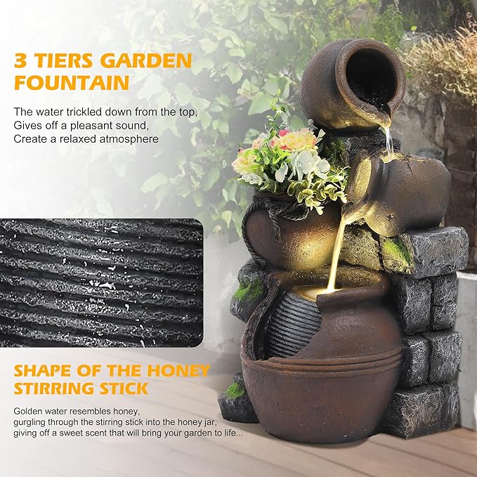 TITIMO Outdoor Water Fountain with Flower Pot and Lights - Cascading Pitchers Farmhouse Fountains and Waterfalls, Garden Fountain Patio Decor, Waterfall Fountains Indoor and Outdoor