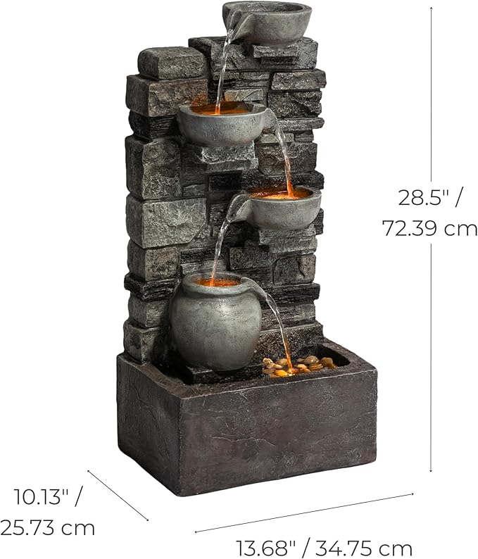 Teamson Home Outdoor 28.5 4 Tier Cascading Bowl Stacked Stone Fountain Yard Décor Gray