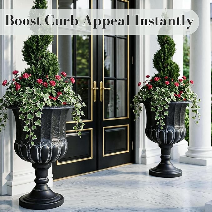 Worth Garden 25" H. Metal Urn Planters 2-Pack - Black Traditional Classic Iron Plant Pots - Large Decorative Rustic Flower Container for Patio, Front Porch, Outdoor Use