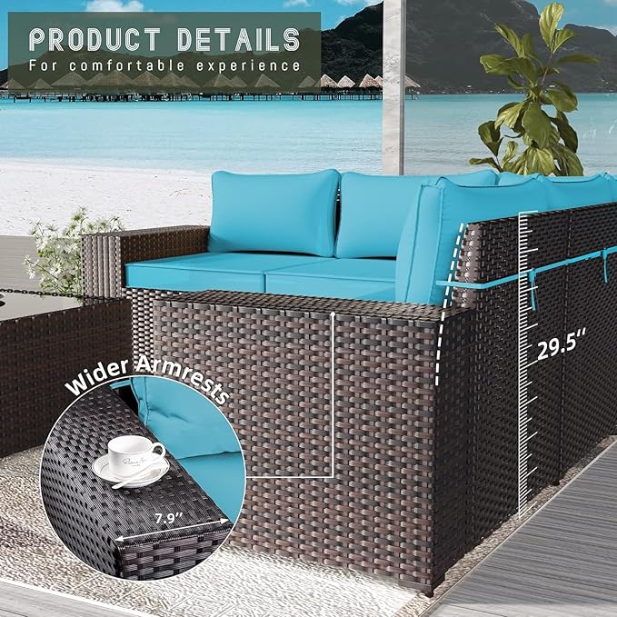 12 PCS Outdoor Patio Furniture Set,Outdoor Sectional Furniture All Weather PE Rattan Wicker Patio Conversation Set with 2 Coffee Tables and 10 Thickened Cushions,Turquoise Blue