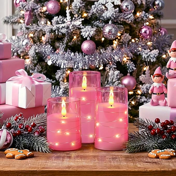 Homemory Flameless Candles with Embedded Star String Fairy Lights, Battery Operated Candles, LED Candle, Fake Candles with Remote Control and Timer, Pink, Set of 3(H 4" 5" 6?€?)