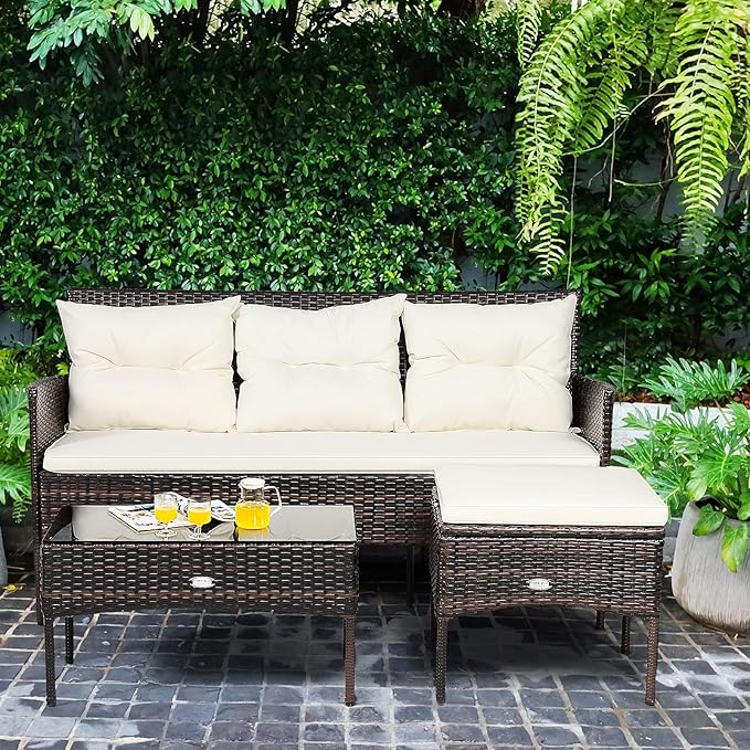 HAPPYGRILL 3PCS Outdoor Rattan Conversation Set Patio Furniture Set with Tempered Glass Coffee Table, 5 Elastic Seat & Back Cushions, Sectional Sofa Set for Poolside Balcony Backyard