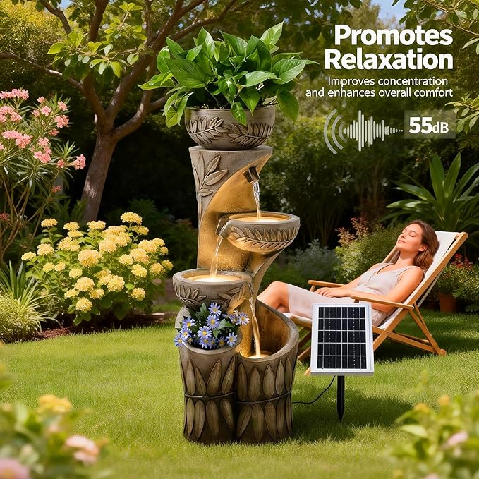 35.6" Solar Outdoor Water Fountain - Relief Leaf Design 4 Tiers Modern Cascading Bowls and Garden Fountains with Lights for Patio, Deck, Porch, Lawns, Backyard and Home Art Decor