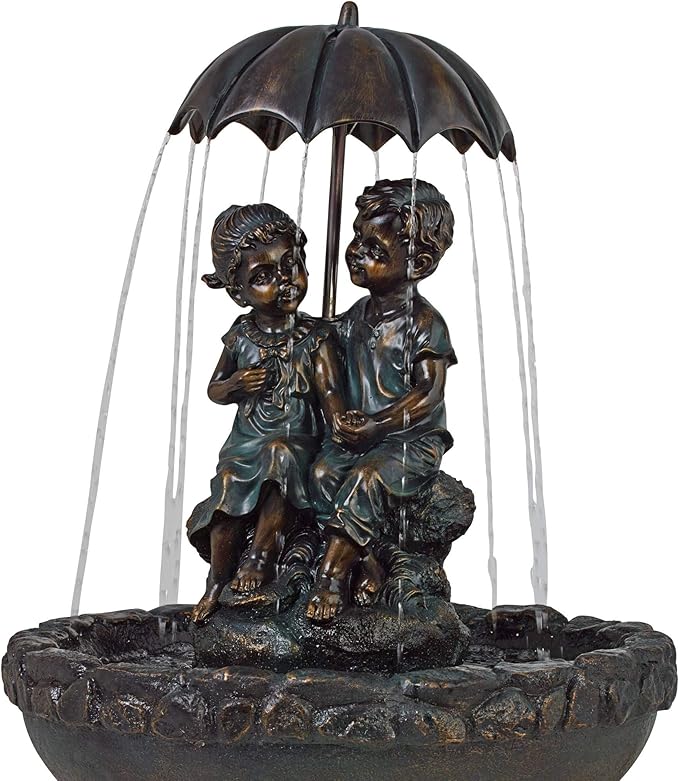 Boy and Girl Under Umbrella 40" High Large Rustic Indoor Outdoor Cottage Core Decor Bronze Floor Fountain Standing Waterfall Basin Water Feature for Outside Garden Patio Yard - John Timberland