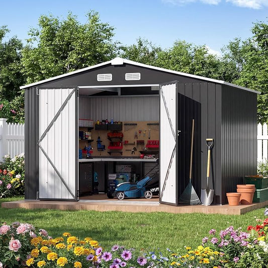 10x8 FT Outdoor Storage Shed, Utility Steel Tool Shed with Lockable Door and Air Vents, Galvanized Metal Shed for Garden Backyard Patio Lawn (10'x8', Black) by Breezestival