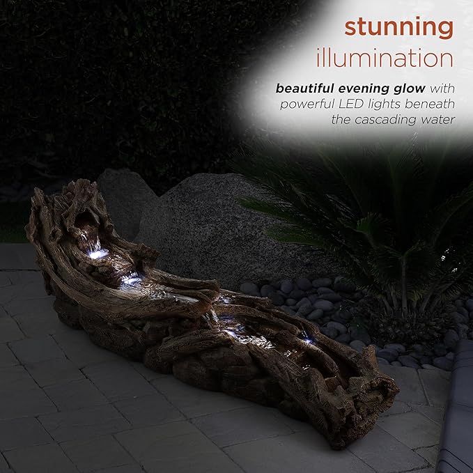 Alpine Corporation 80" Long Indoor/Outdoor Wood River Log Water Fountain with LED Lights, Cascading Natural Water Feature for Gardens, Patios, Yards, and Outdoor Decor, Brown and Gray