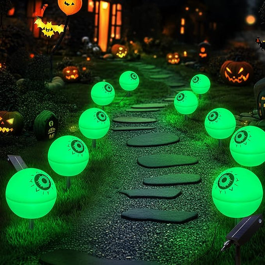 Solar Halloween Lights Waterproof Decorations, 5 Pack Solar Globe Lights for Garden Decorations, Outdoor Ghost Scary Eyeball Pathway Decor for Christmas Tree Garden Lawn Yard (Green&Red)