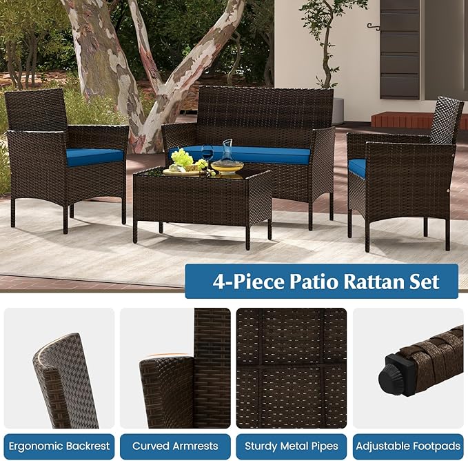 KOTEK 8 Piece Patio Furniture Set, Outdoor Rattan Conversation Set with Loveseat, Wicker Chairs, Tempered Glass Coffee Table, Wicker Patio Set for Backyard, Porch (Peacock Blue)