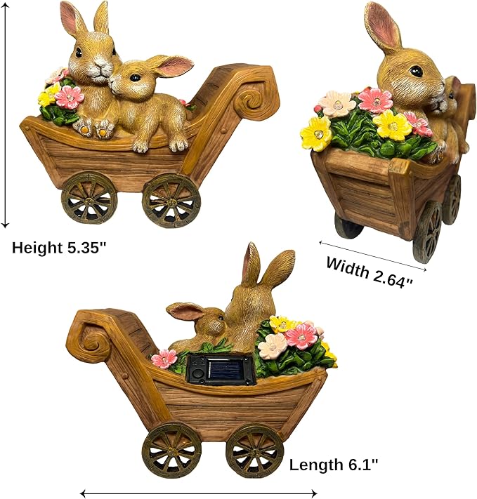 PRETMANNS Solar Rabbit Garden Statue - Mother & Baby Bunny Outdoor Decor with LED Lights for Patio, Yard Ornament & Gifts for Women & Mom - Medium