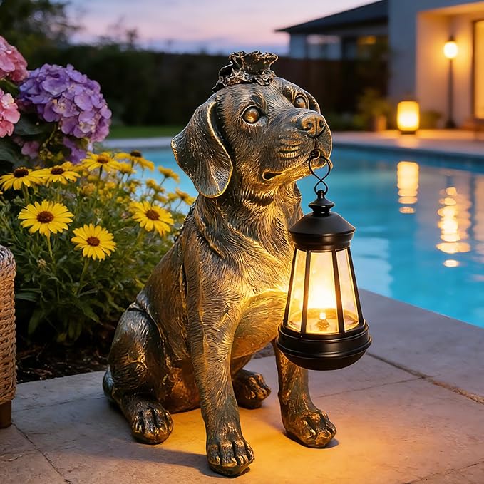 Solar Garden Statue Dog Figurine Decor with Lantern Lights, Outdoor Decoration Solar Dog Sculptures for Outside Patio Lawn Balcony Yard Ornament, Dogs Lover Gifts for Women Mom Grandma Birthday