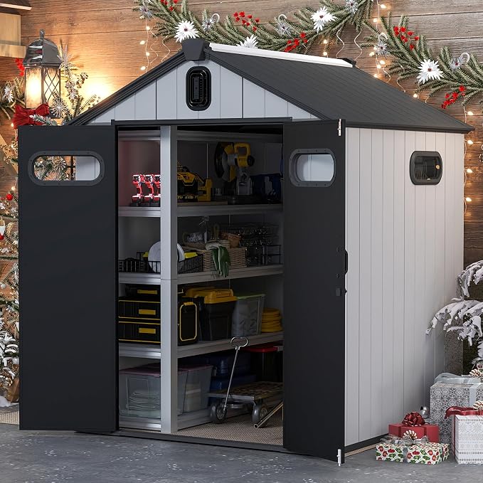 Domi 6x6 FT Outdoor Resin Storage Shed, All-Weather Double-Wall Storage Building for Backyard, Garden, Lawn Tools, Mower, Bike & Pool Equipment, Lockable Doors, Ventilated Roof, Grey - Image 2