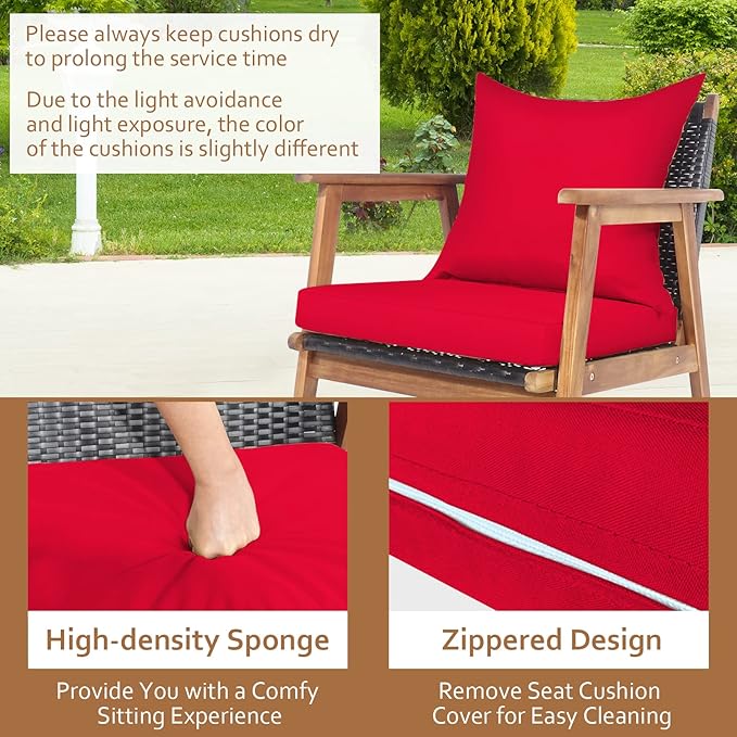 Tangkula 8-Piece Patio Furniture Set, Outdoor Acacia Wood Conversation Set with Cushions and Coffee Table, Outdoor PE Wicker Sectional Sofa Set for Garden, Poolside and Backyard (2, Red)