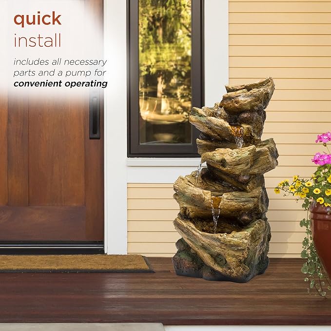 Alpine Corporation TZL226 Outdoor 4 Tier Log Tree Trunk Waterfall Floor Fountain with LED Lights, Tiered Garden Décor, 24" H, Brown